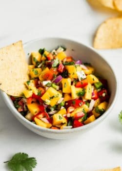 a bowl of mango salsa with a tortilla chip in it