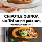 a plate of sweet potatoes with quinoa and guacamole