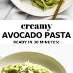 a plate of avocado pasta topped with herbs and shredded cheese
