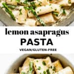 a pan with rigatoni pasta in a creamy sauce with asparagus and parsley