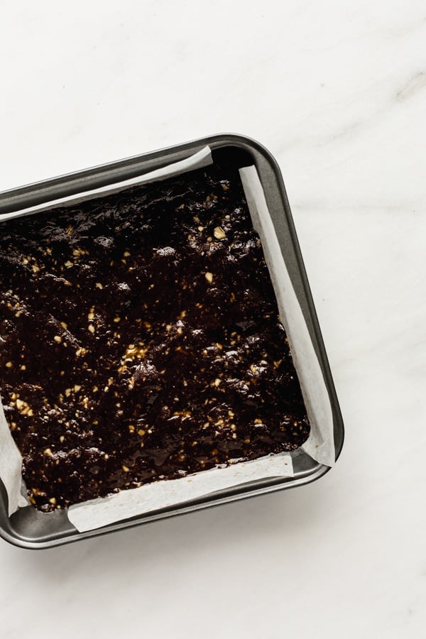 no bake brownies in a silver 8x8 inch baking pan