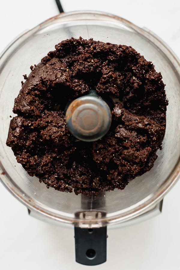 blended no bake brownie mixture in a food processor