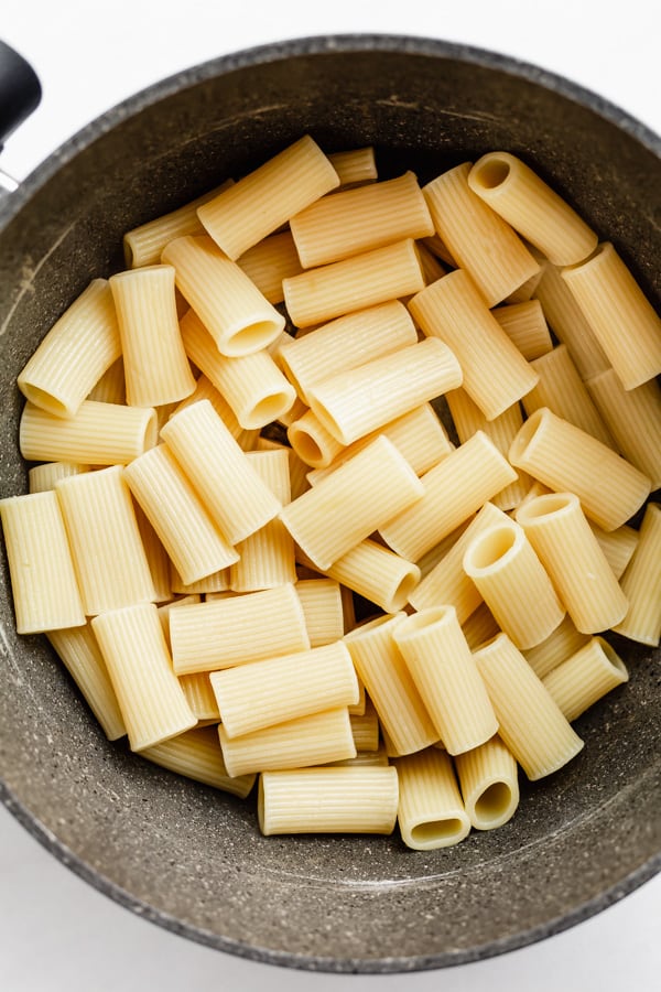 cooked rigato noodles in a large pot