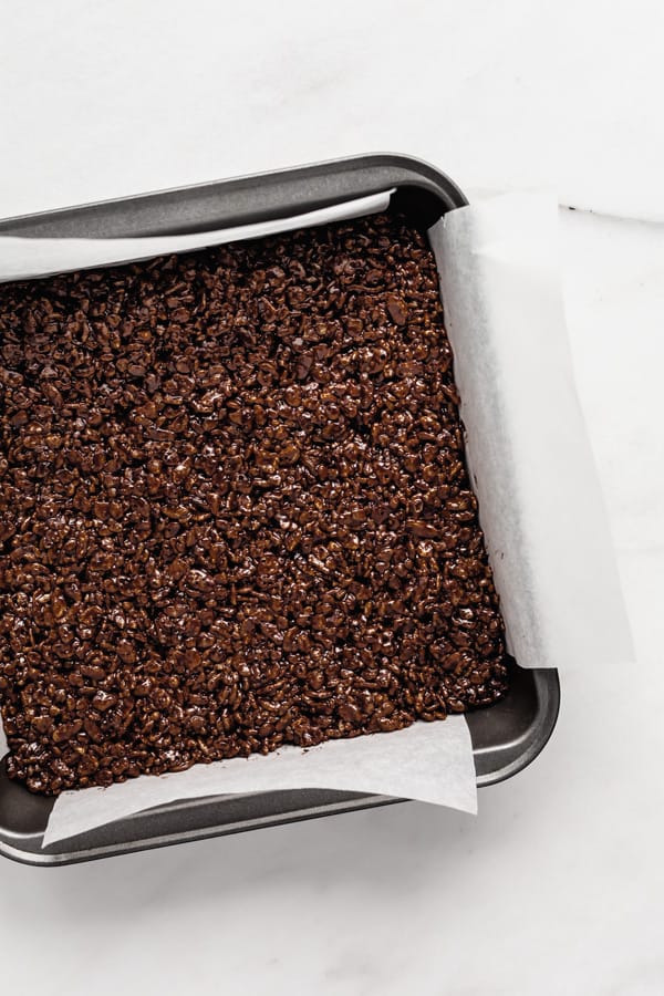 Chocolate rice Krispie treats in an 8x8 inch pan