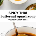 a bowl of butternut squash soup and a pot of squash soup with a ladle in it