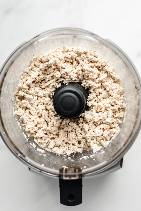crumbled tofu in a food processor