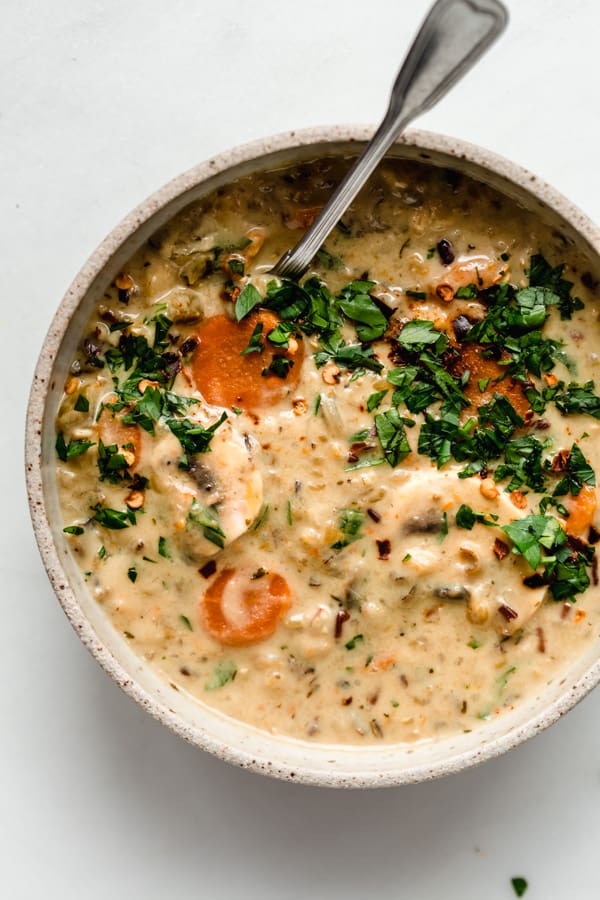 wild rice soup in a ceramic bowl