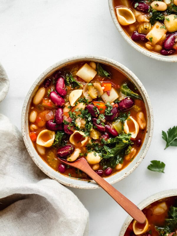 3 bowls of vegan minestrone soup