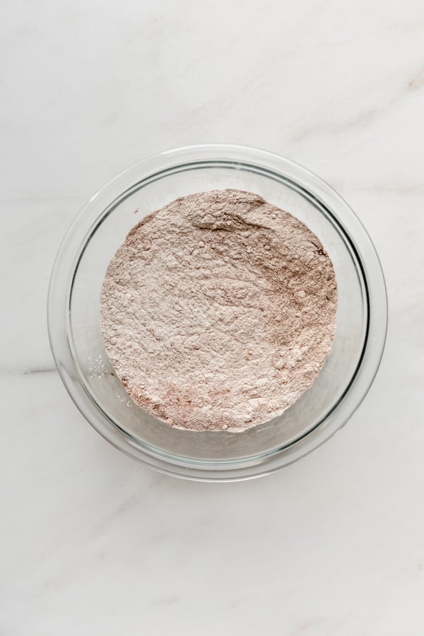a bowl of dry ingredients to make gingerbread pancakes