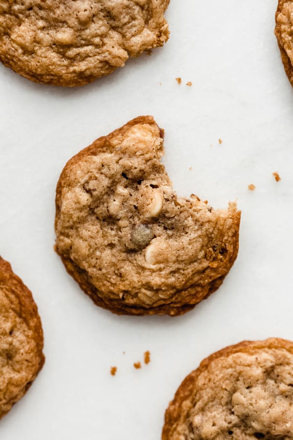 chewy white chocolate cranberry cookies on a marble board