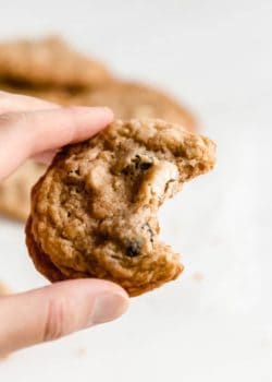 a hand holding a chewy white chocolate cranberry cookie with a bite taken out of it