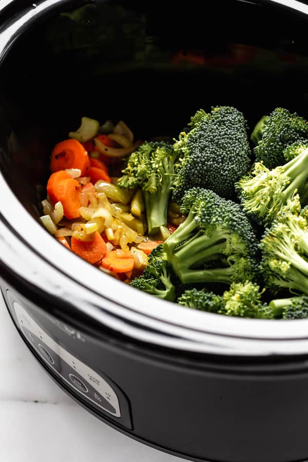 Broccoli and vegetables in a crockpot