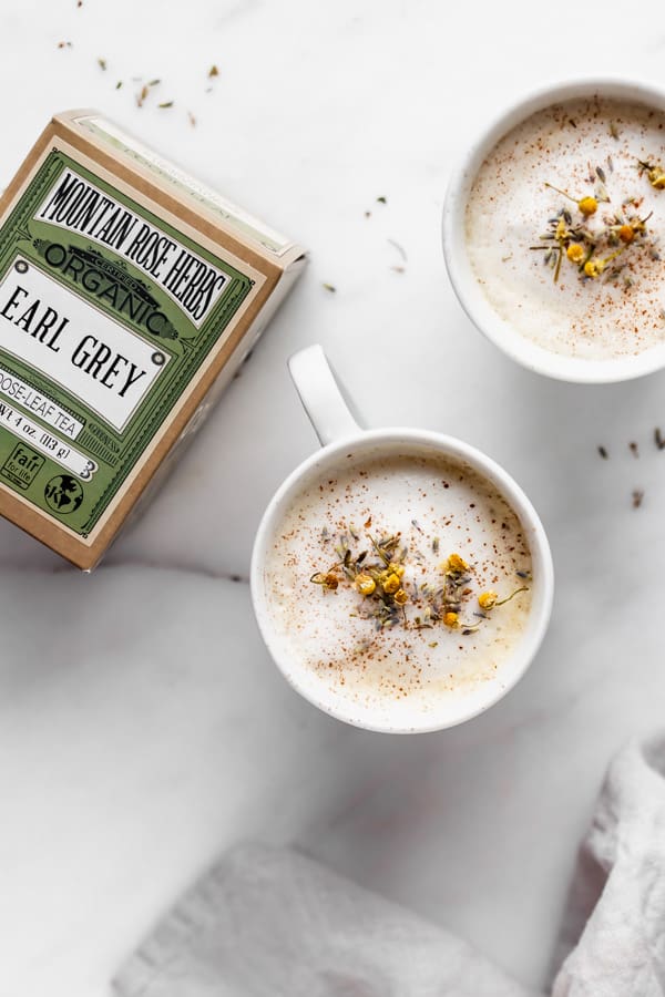 two lavender London fogs with a box of earl grey tea on the side