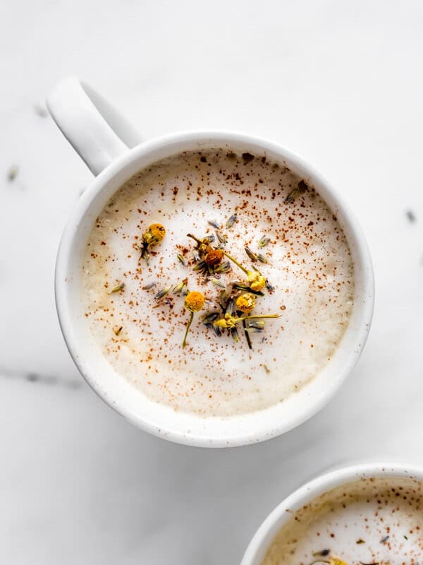 A lavender London fog topped with camomile flowers and lavender