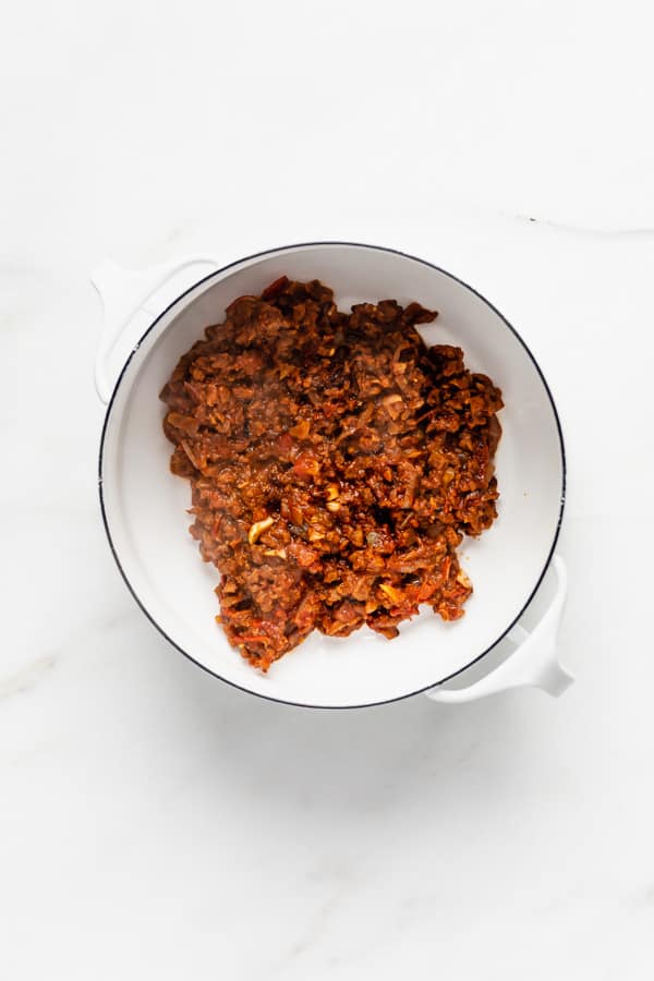 a white pot with vegan taco meat in it