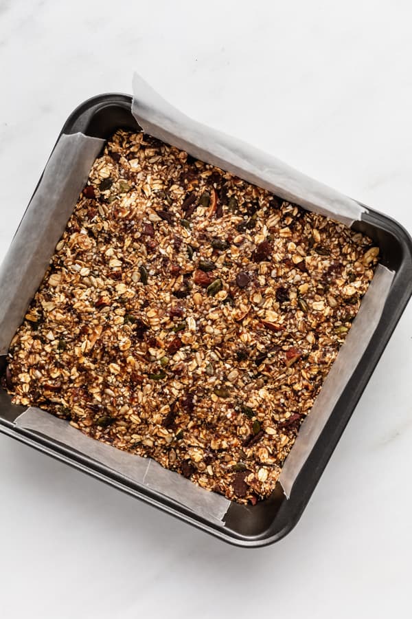 superfood granola bars in an 8x8 inch baking pan