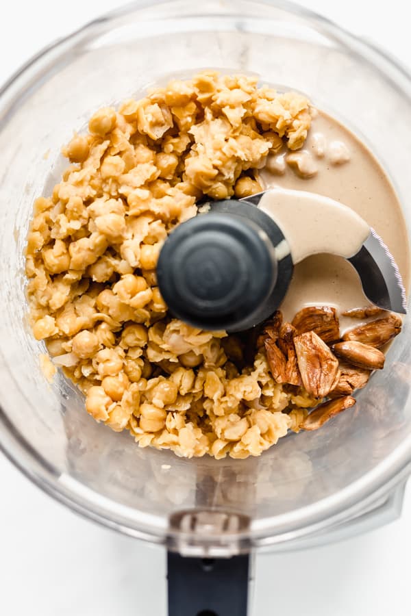 chickpeas, tahini and roatsed garlic in a food processor
