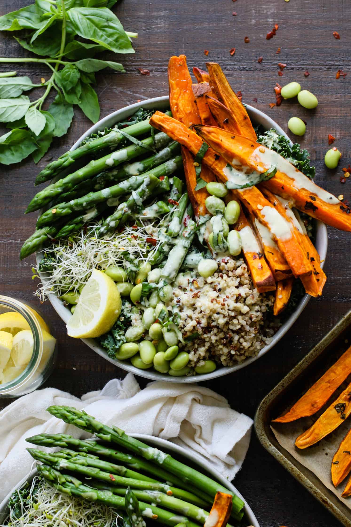 Lemon basil buddha bowls with asparagus and edamame beans