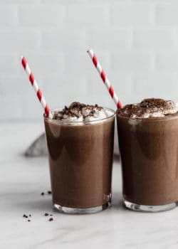 two glasses of frozen hot chocolate with red straws in them