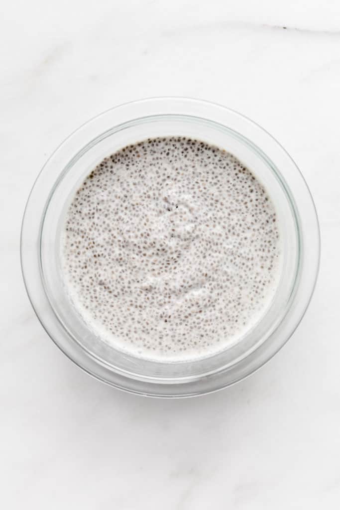 vanilla chia pudding in a clear mixing bowl