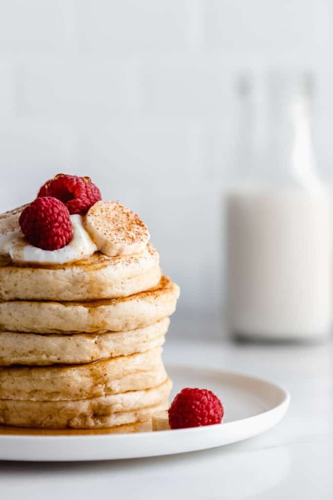 a close up view of a stack of pancakes