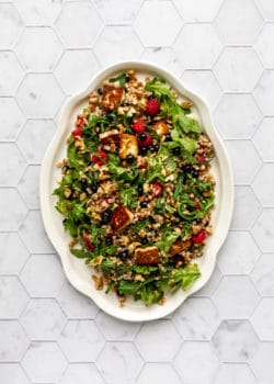 A white serving platter with farro and halloumi salad on it