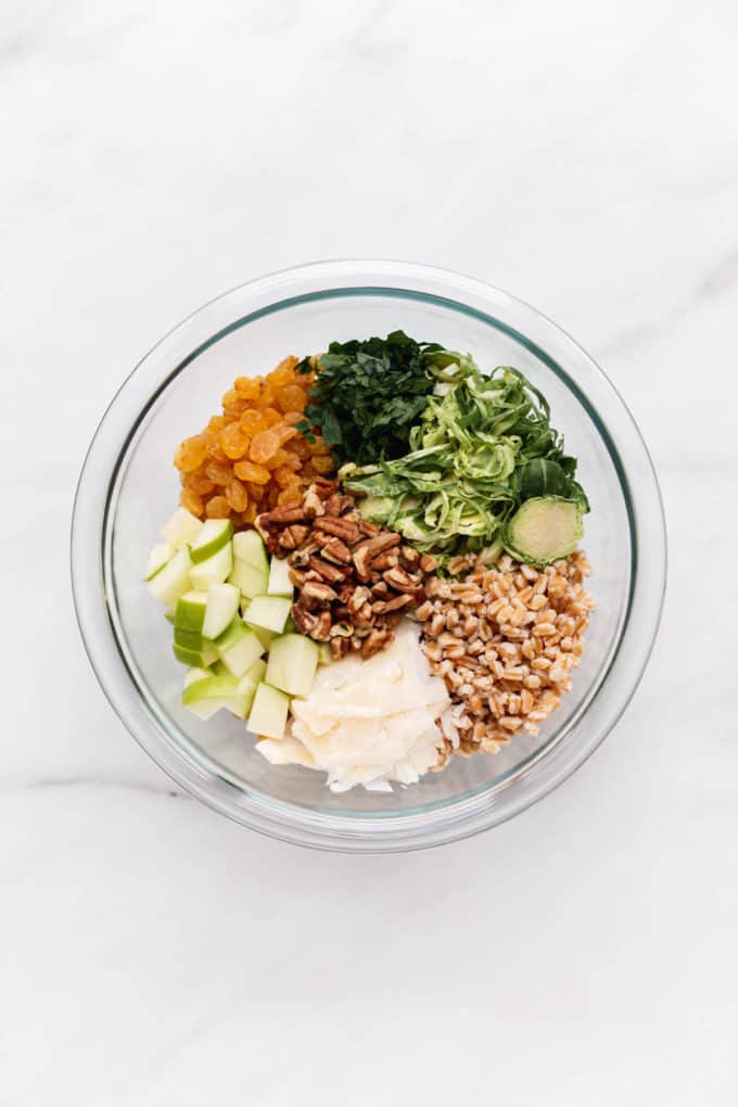 farro, Brussels spouts, parsley, golden raisins, apples, parmesan cheese and pecans in a clear mixing bowl