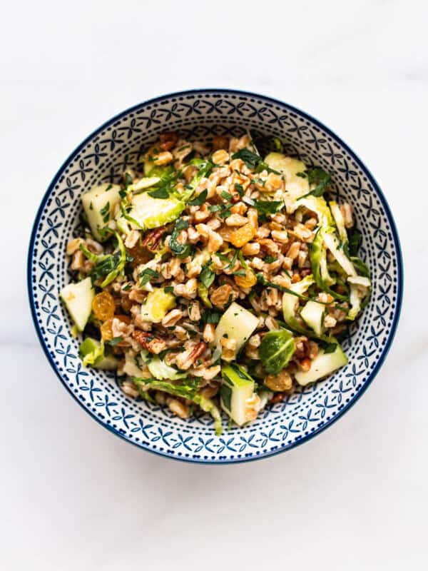 a blue and white bowl with farro salad in it