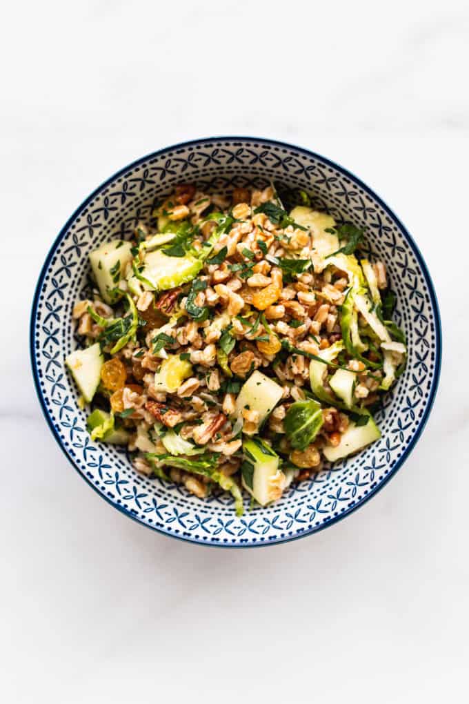 a blue and white bowl with farro salad in it