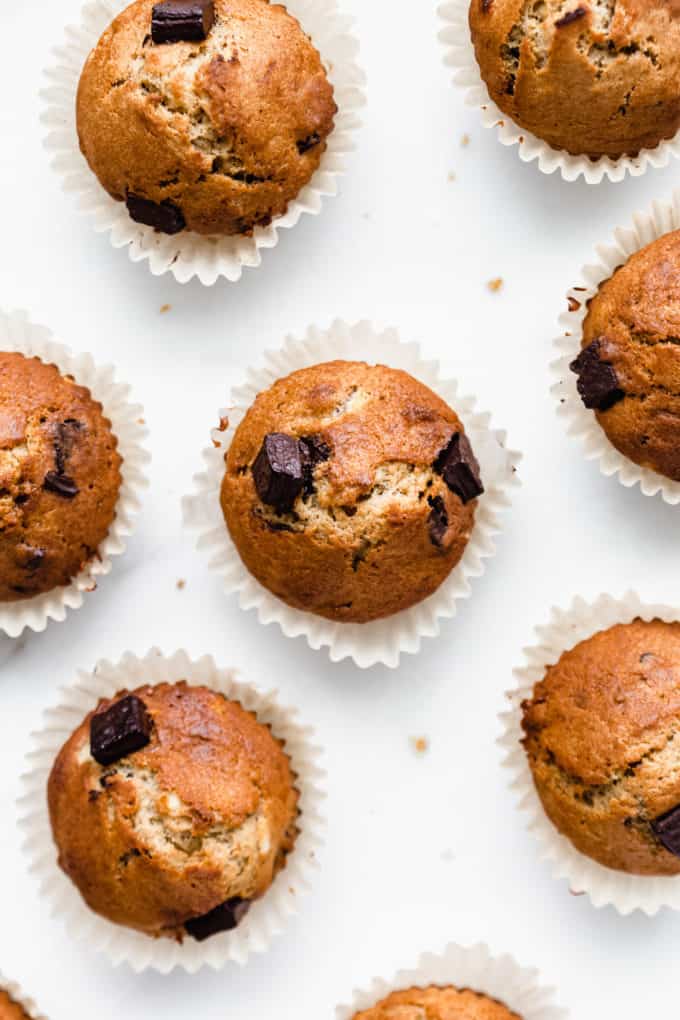 chocolate chunk banana muffins on a white counter