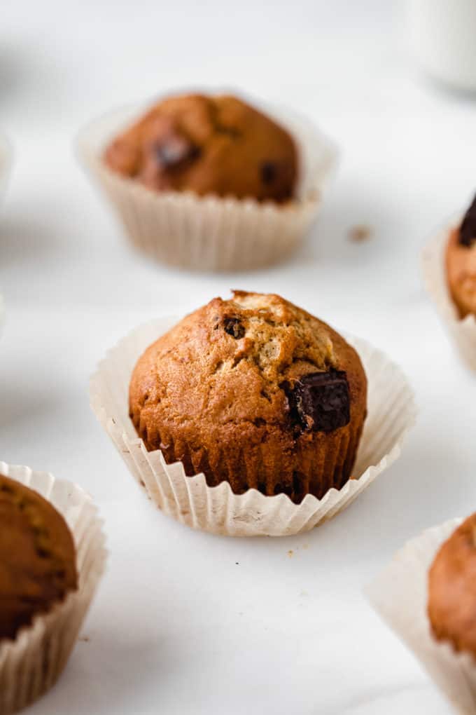 a chocolate chip banana muffin in a muffin wrapper