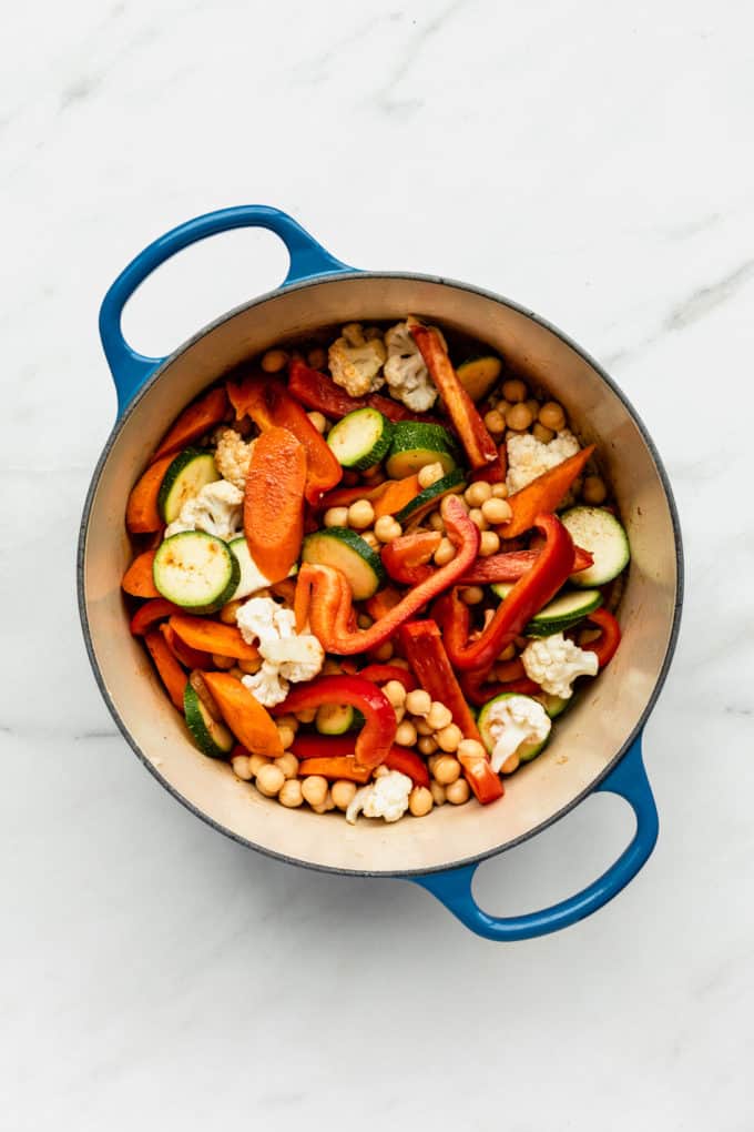mixed vegetables in a blue pot