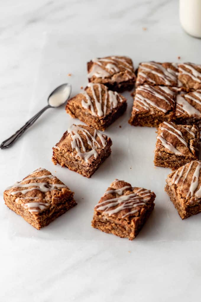 cut up chai latte blondies on a marble counter