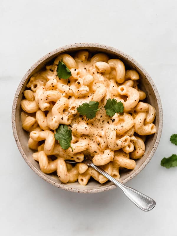 A top down view of a bowl of vegan mac and cheese noodles in a creamy sauce