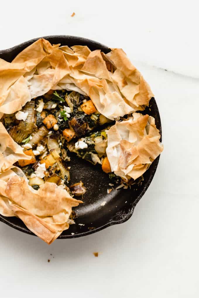 A veggie skillet pie in a cast iron skillet