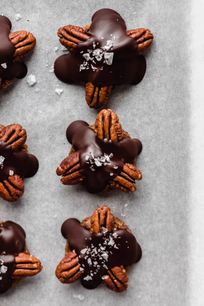 chocolate turtles topped with malden sea salt