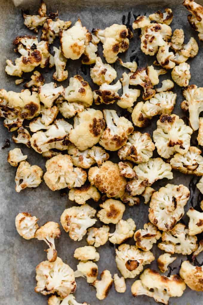 roasted cauliflower on a baking sheet