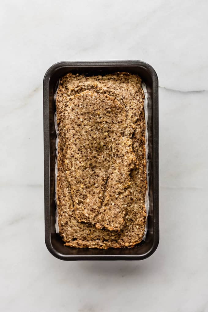 a baked buckwheat chia bread in a loaf pan