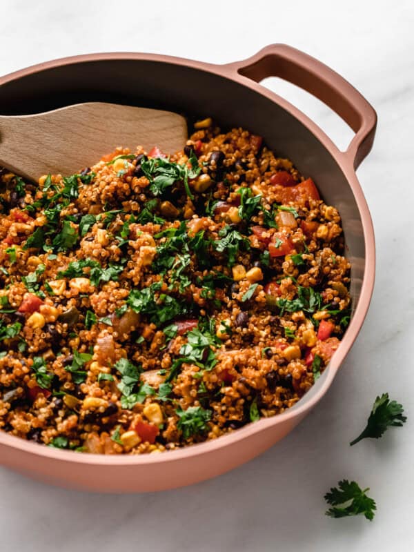 Mexican quinoa in a pink pan