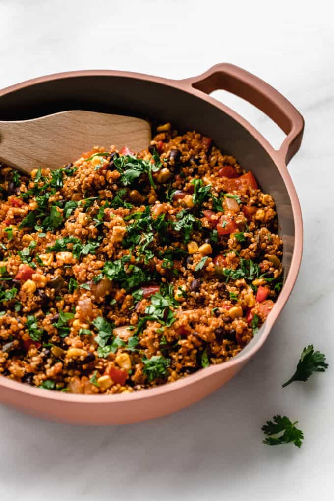 Mexican quinoa in a pink pan