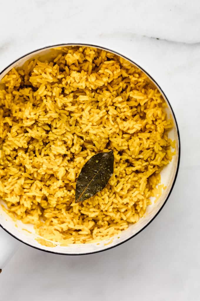 Turmeric rice in a white pot