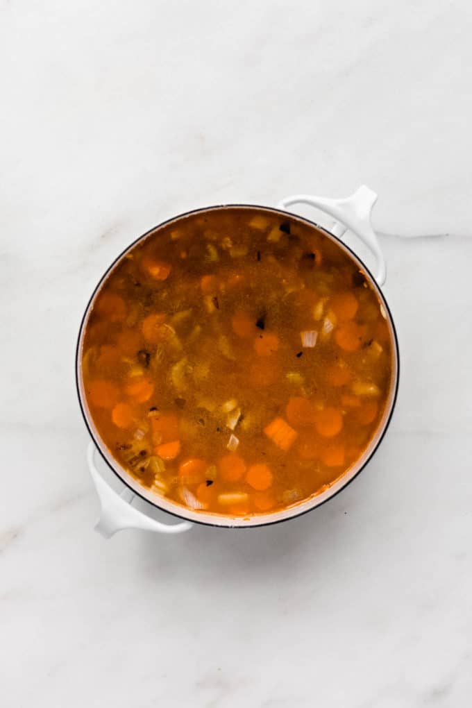 carrots, onions and broth in a white pot