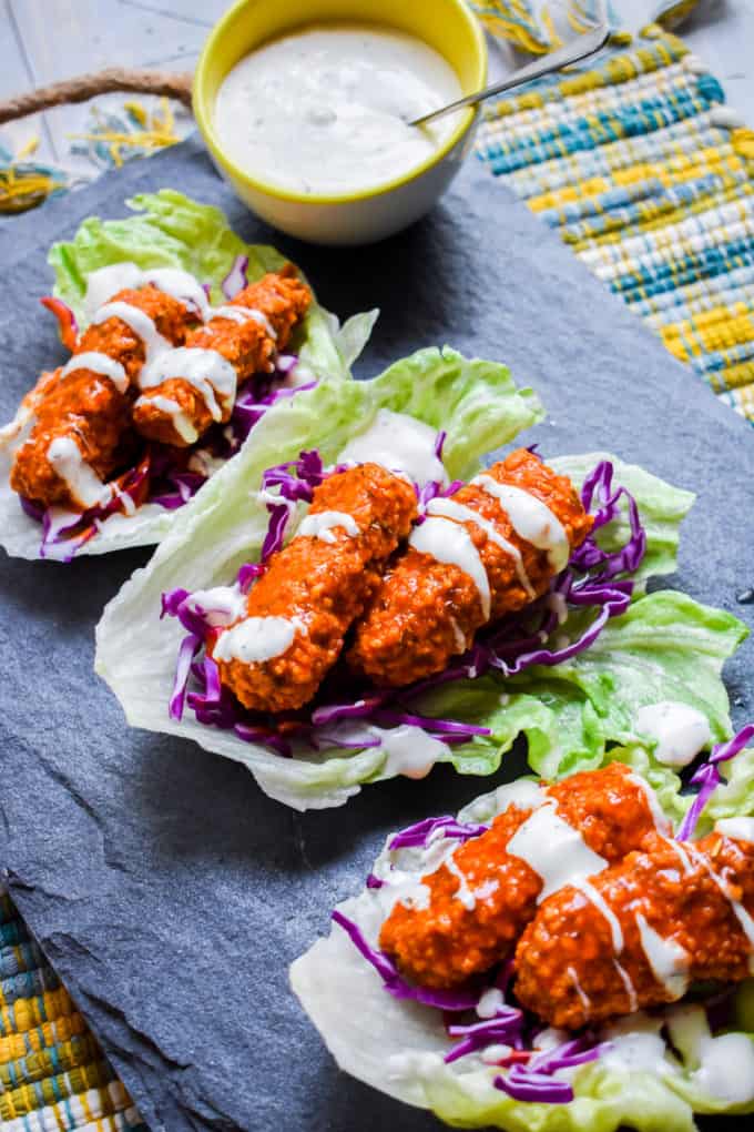 Buffalo tempeh in lettuce cups