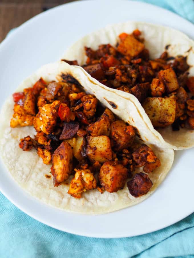 Vegan chorizo in taco shells