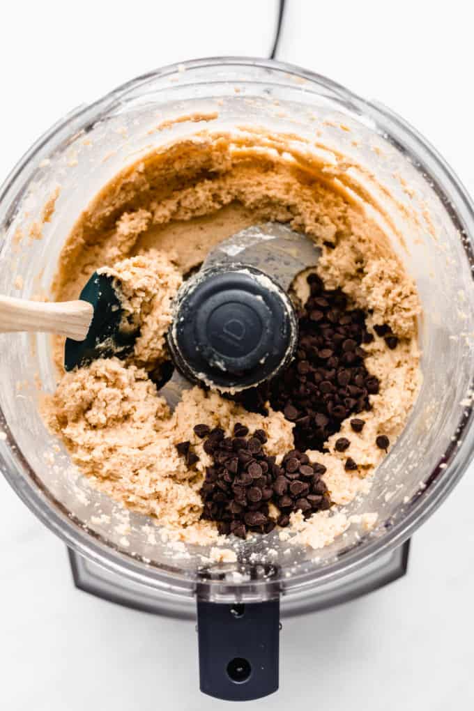 chickpea cookie dough and chococlate chips in a food processor