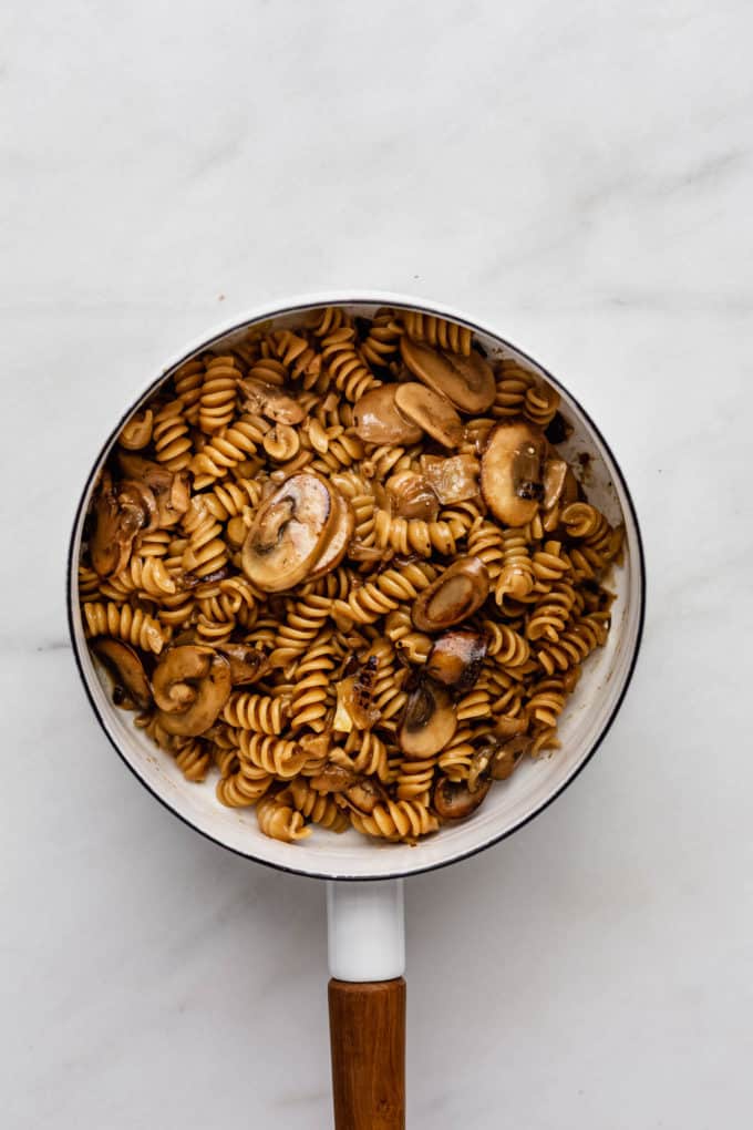 Vegan mushroom stroganoff in a white pot