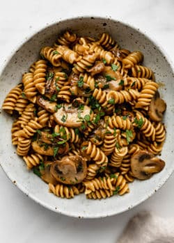 vegan mushroom stroganoff in a white speckled ceramic bowl