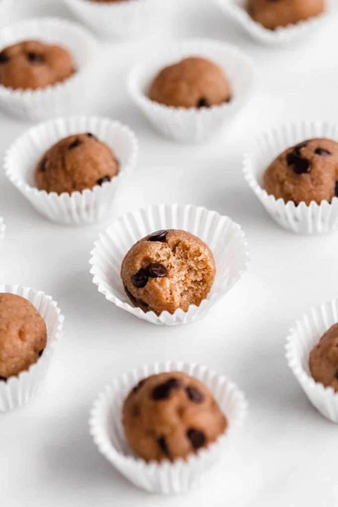 chocolate chip cookie dough balls on a marble board