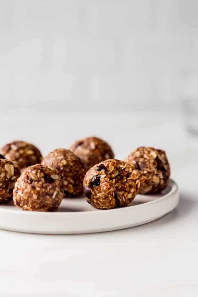 Trail mix energy balls on a white plate