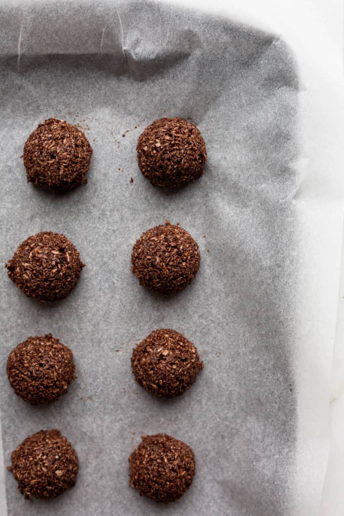 chocolate coconut macaroons on a baking sheet